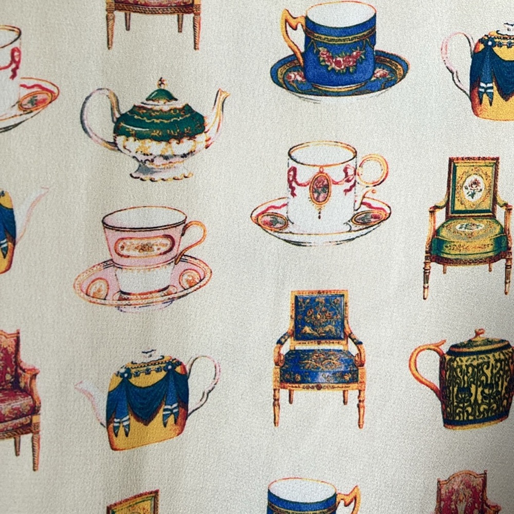 Talbots Bridgerton Print Blouse Size L Long Sleeves Teapots Cups - Picture 5 of 15
